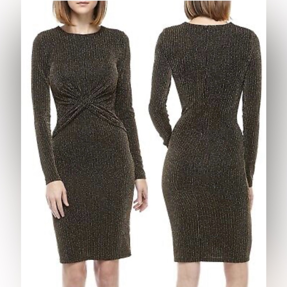 Michael Kors Black/Gold Pinstripe Twist Waist Stretch Knit Dress